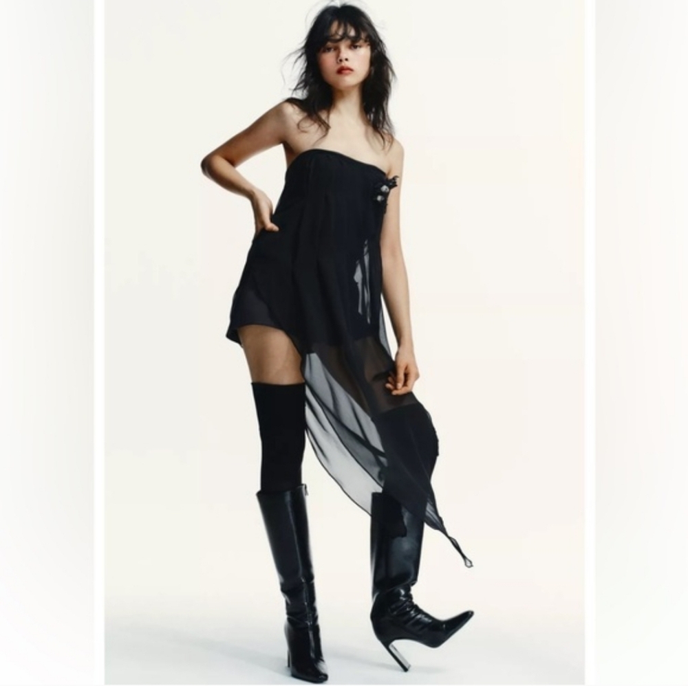 ZARA STRAPLESS LONG SHEER TOP BLACK - Picture 5 of 10
